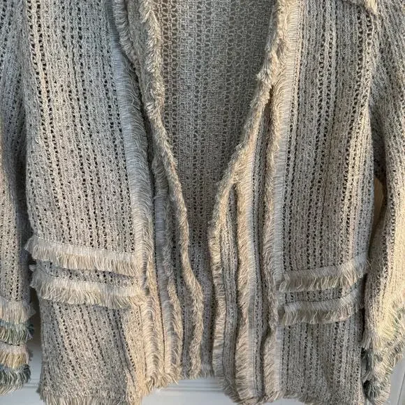 Nic +Zoe Sweater Women's XS Gray Sage Fringe Knit Open Front